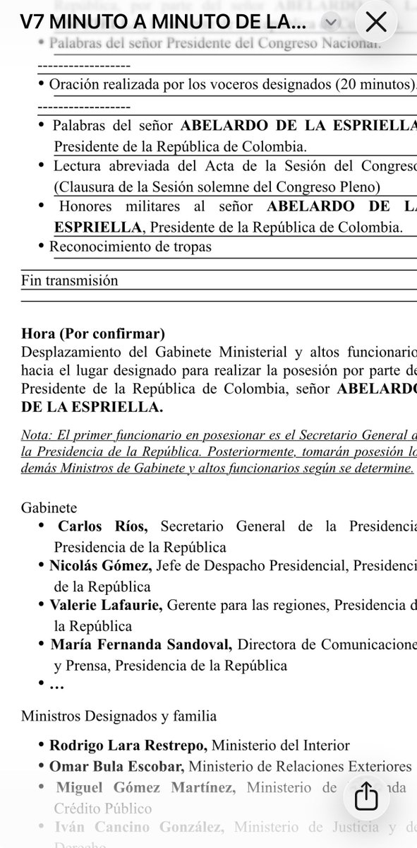 Melquisedec70's tweet photo. Atentos. Como les anticipé desde el martes, el minuto a minuto de la ceremonia de posesión presidencial incluía a don Luis Felipe Yagüé, el señor de las panelas, en la imposición de la banda al primer mandatario y al vicepresidente.

Y lo que sigue tras el discurso del presidente De la Espriella son los honores militares, el reconocimiento de las tropas al Comandante Supremo de las FFAA y la posesión del gabinete presidencial. Las hojas de vida de los ministros fueron publicadas desde el miércoles.

Y luego la designación de la cúpula militar.