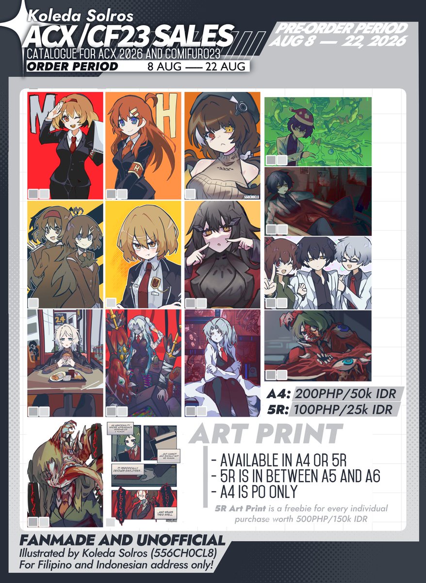 556CH0CL8's tweet photo. [❤️🔁 Appreciated!] 🇮🇩 #CF23 AND 🇵🇭 LOCAL PO P.1

📆 8 Aug - 22 Aug (22.59 WIB) 
📌 Pickup (Both Days) and Mail Orders
🌻 Project Moon (Limbus Company, Library of Ruina, Lobotomy Corporation), Girls' Frontline, Manosaba
🔗 Order form in replies!

(4/8)

#comifuro23 #cf23catalogue https://t.co/xGNQJsk4Tx