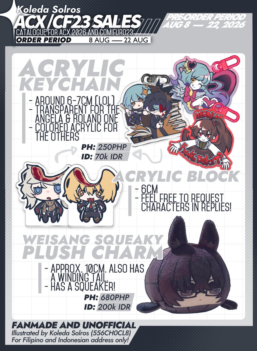 556CH0CL8's tweet photo. [❤️🔁 Appreciated!] 🇮🇩 #CF23 AND 🇵🇭 LOCAL PO P.1

📆 8 Aug - 22 Aug (22.59 WIB) 
📌 Pickup (Both Days) and Mail Orders
🌻 Project Moon (Limbus Company, Library of Ruina, Lobotomy Corporation), Girls' Frontline, Manosaba
🔗 Order form in replies!

(4/8)

#comifuro23 #cf23catalogue https://t.co/xGNQJsk4Tx
