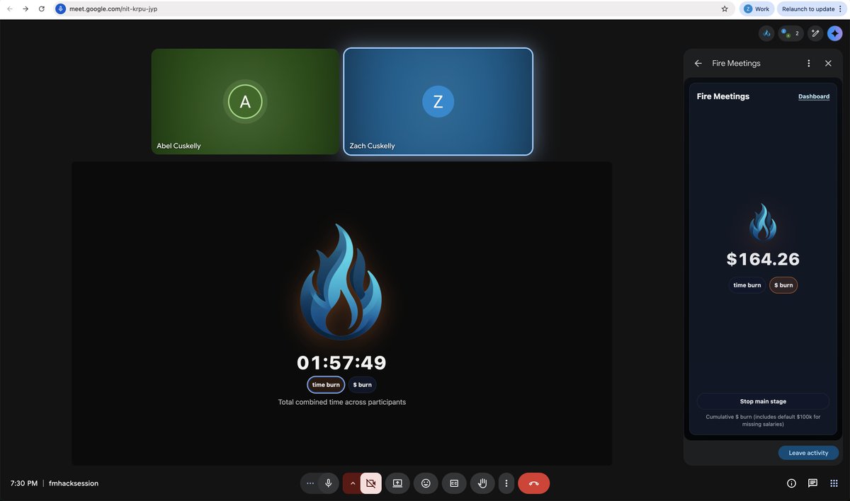 zcuskelly's tweet photo. 1/ Most companies know exactly what they spend on software. 

Almost none know what they spend on meetings.

We built Fire Meetings to fix that. It puts the live cost of a virtual meeting on screen while it's happening. 🧵 https://t.co/mGEXB2RsAn