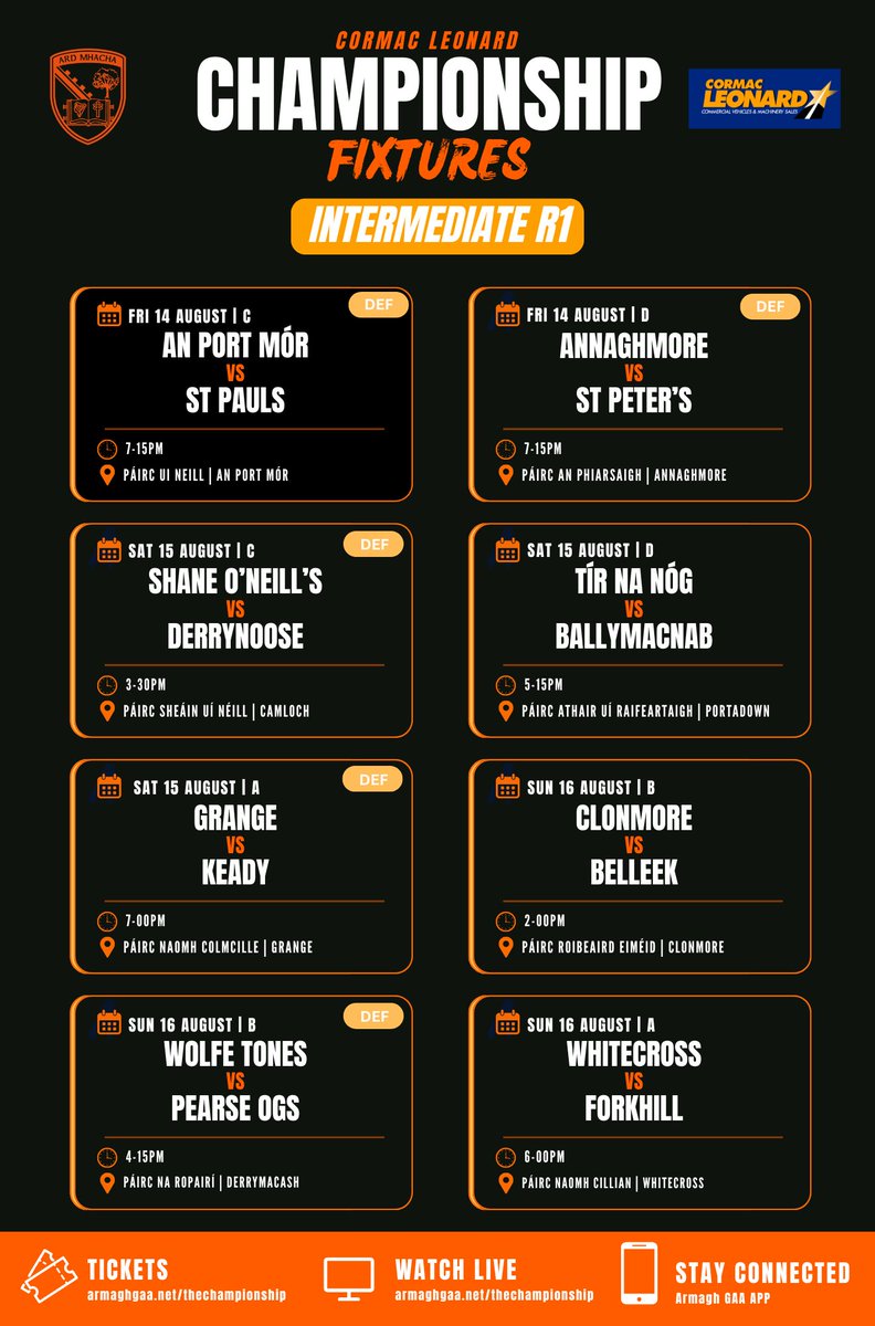 Armagh_GAA's tweet photo. 🔶⚪ THE WAIT IS OVER... CHAMPIONSHIP STARTS HERE! ⚪🔶

The 2026 Cormac Leonard Football Championships get underway next weekend with a packed schedule of Senior and Intermediate fixtures across the county.

Will Madden make the perfect start? Who will cause an early upset? Every game matters from Round 1.

🎟️ Championship Season Ticket (150+ games)
https://t.co/AZ2lJDutKm

📺 Armagh TV Season Pass
Watch 100+ games from this season's league campaign, every Senior Football Championship match, plus the best of the Intermediate, Junior and Hurling Championships.
https://t.co/NypWFn64cy

#ArmaghGAA #ArmaghTV #CormacLeonard #ClubChampionship #Championship2026 #ClubToTheCore