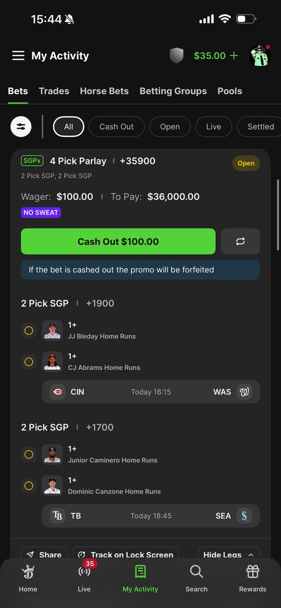 agentcnote's tweet photo. MLB home run no sweat on draft kings. Taking a nuke here with Abrams, Canzone, Junior and Bleday to all go yard…hard! LFG! #CoryLive https://t.co/oJJbeqmZcY