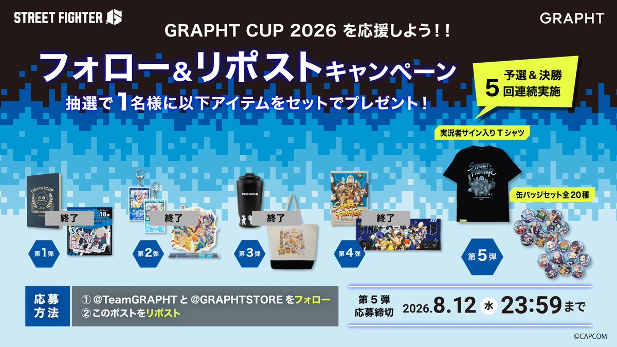 TeamGRAPHT's tweet photo. #GRAPHTCUP2026 を応援🔥 
フォロー＆リポストキャンペーン
第3⃣＆4⃣弾 

キャンバスアート＆タオル
実況者サイン入りT＆缶バッジ全種が
抽選で2名様に🎁✨

▼応募方法
①@TeamGRAPHTと @GRAPHTSTORE をフォロー
② この投稿をリポスト🔁
締切：8/12(水) 23:59

#スト6 #ストリートファイター6 https://t.co/PfRpFnuAmU