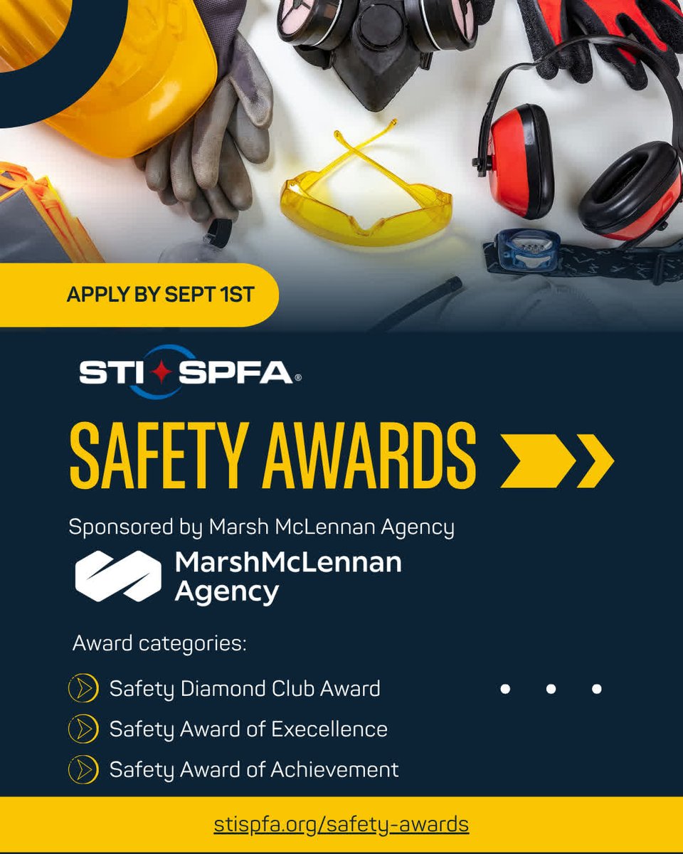 STISPFA's tweet photo. Apply by September 1st for a STI/SPFA Safety Award! These awards, sponsored by Marsh McLennan Agency, recognize member companies with exemplary safety records from the previous calendar year. #safety #steelsafety #safetyawards #steelfabricationsafety https://t.co/FfstzkelLz https://t.co/TXb77iyxhP