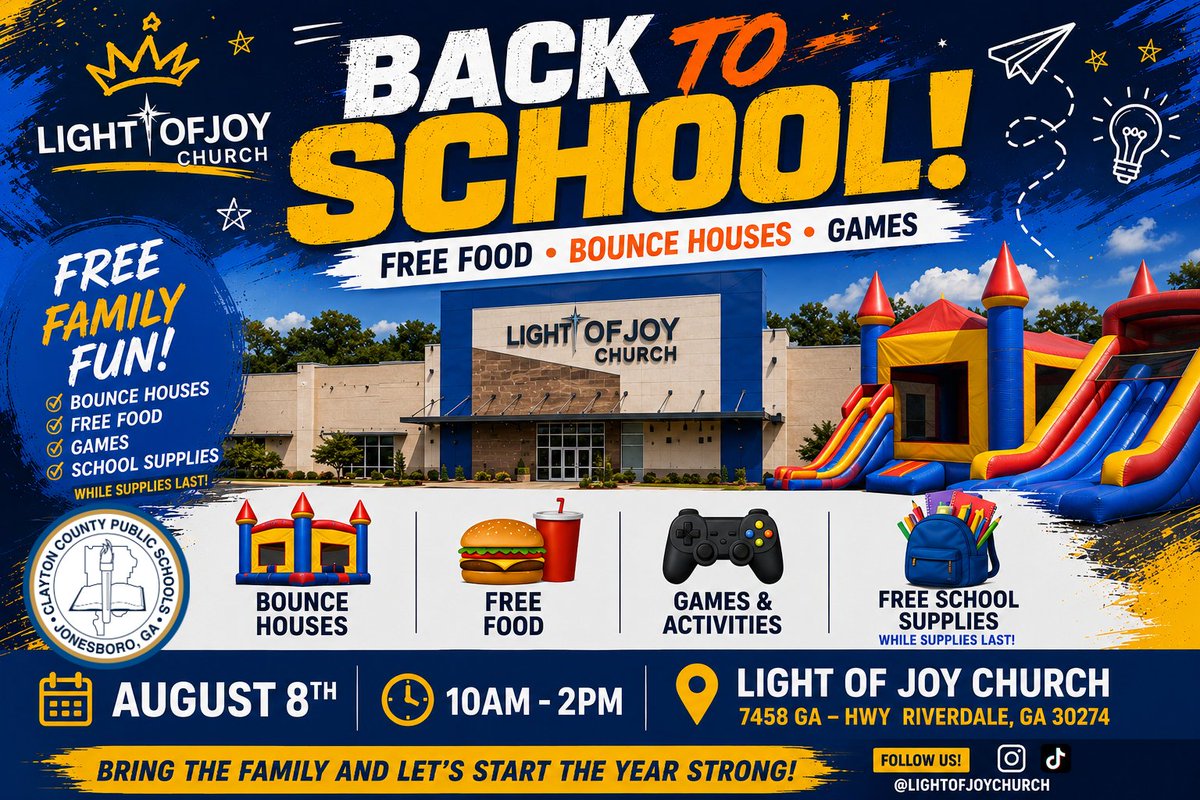 CCPSNews's tweet photo. 🎒 The back-to-school fun isn’t over!
Looking for something fun to do this Saturday? Light of Joy Church is hosting a FREE Family Fun Day with food, bounce houses, games & school supplies!
📅 Aug. 8 | 10 AM–2 PM
📍 7458 GA Hwy 85, Riverdale
#CCPS #BackToSchool https://t.co/8G98sRFFiu