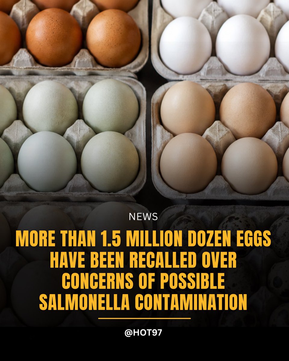HOT97's tweet photo. More than 1.5 million dozen eggs have been recalled over concerns of possible Salmonella contamination.

Midwest Poultry Services recalled white shell and brown cage-free eggs produced at its Texas farms and sold under brands including Kroger, Simple Truth, Brookshire’s, Country Morning and Cal-Maine Sunups. The affected eggs have sell-by or best-by dates ranging from July 20 through August 17, 2026. (U.S. Food and Drug Administration⁠)

The FDA says the outbreak has been linked to 98 illnesses across 17 states, with 26 people hospitalized and no deaths reported. Consumers are being urged not to eat, sell or serve the recalled eggs