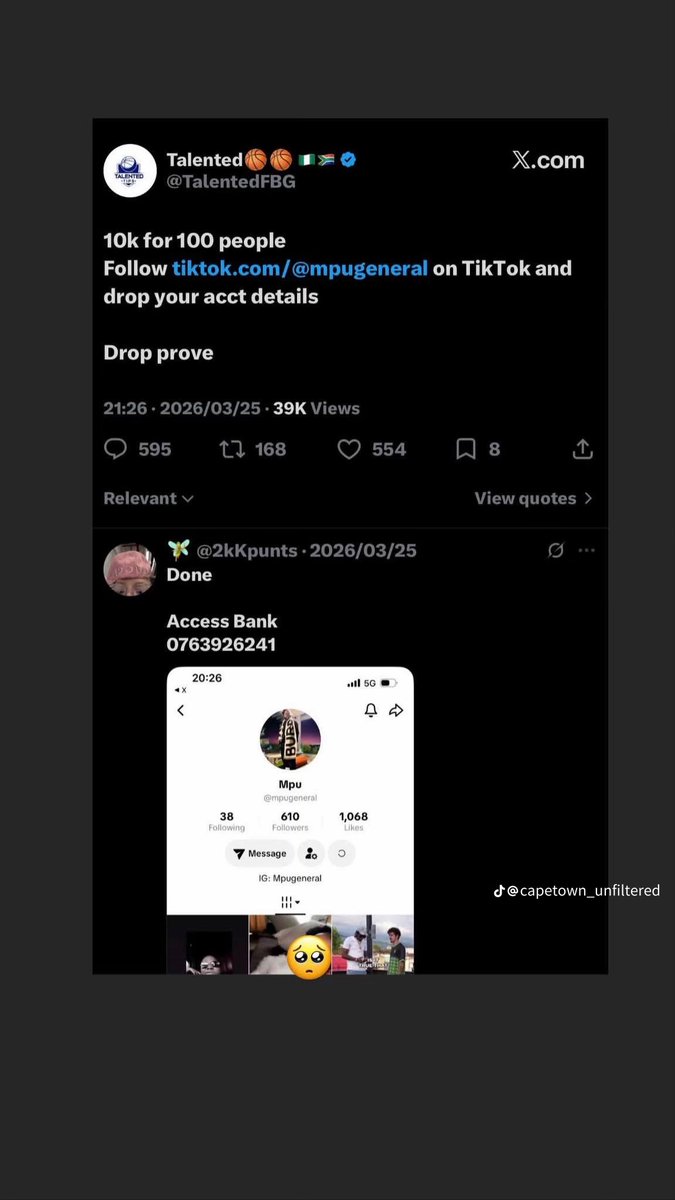 _CPT_unfiltered's tweet photo. 👀 SPENDING ON PROMO, BUT WHAT ABOUT THE BABY? ☕️

Nigerian 🇳🇬 social media personality MpuGeneral (Laborita) is paying to promote his TikTok account on X while allegedly not financially supporting his child with South African influencer Nwabisa Mkonto. 👀 #BBNaija #deadbeat https://t.co/xJgTRdNd69