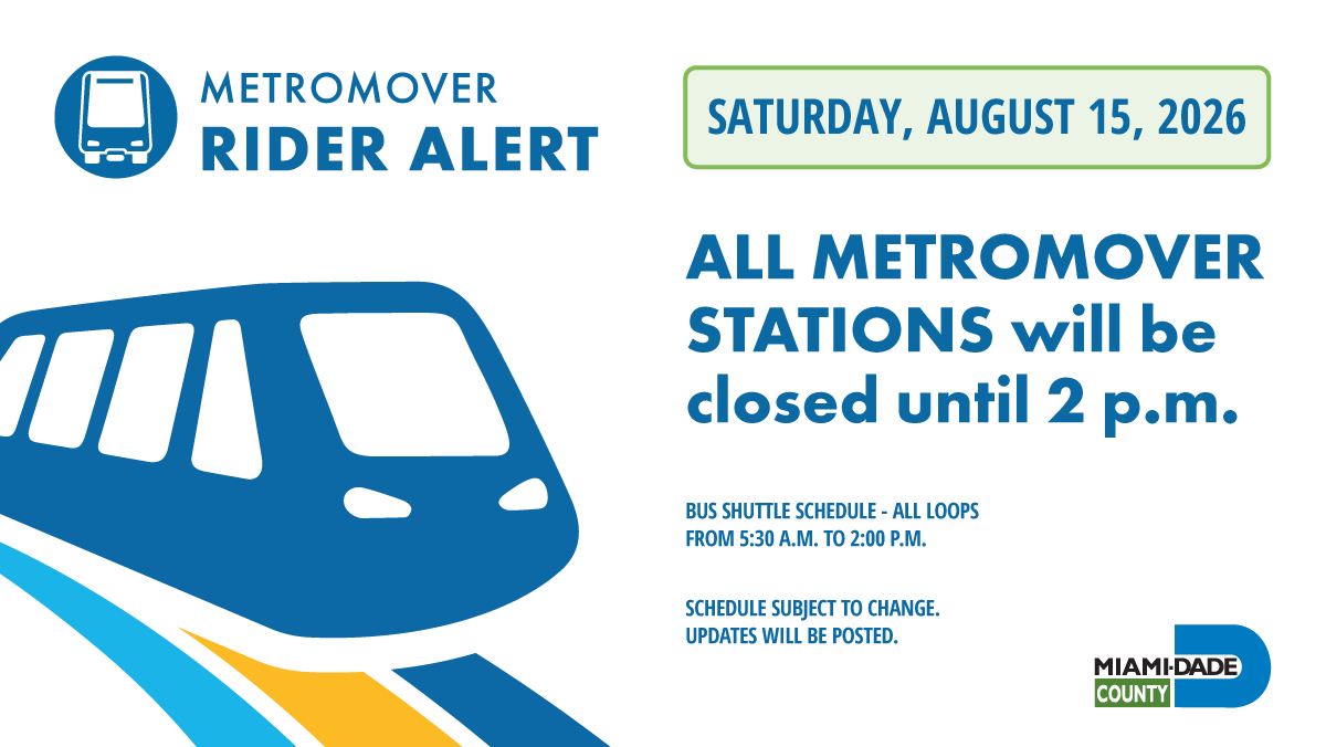 IRideMDT's tweet photo. Heads up, Metromover riders: All Metromover stations will remain closed until 2 p.m. on Saturday, August 15, as system upgrades continue. Free shuttle bus service will operate between all stations from 5:30 a.m. to 2 p.m. Please note that schedules are subject to change.
Stay up to date with Transit Alerts or the GO Miami-Dade Transit app before you travel.