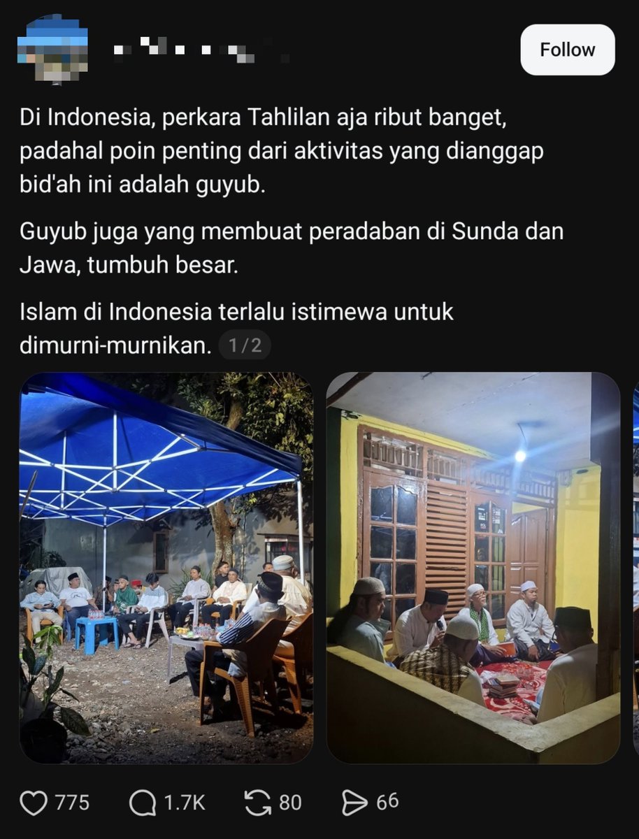 MiskinTV_'s tweet photo. Seorang pengguna threads membagikan opininya mengenai acara Tahlilan. Ia berpendapat bahwa salah satu poin penting Tahlilan adalah Guyub (Rukun, Kebersamaan).

Tak disangka opini itu ditanggapi berlawanan. Banyak yang merasa bahwa Tahlilan memberatkan bagi keluarga yang ditinggalkan.