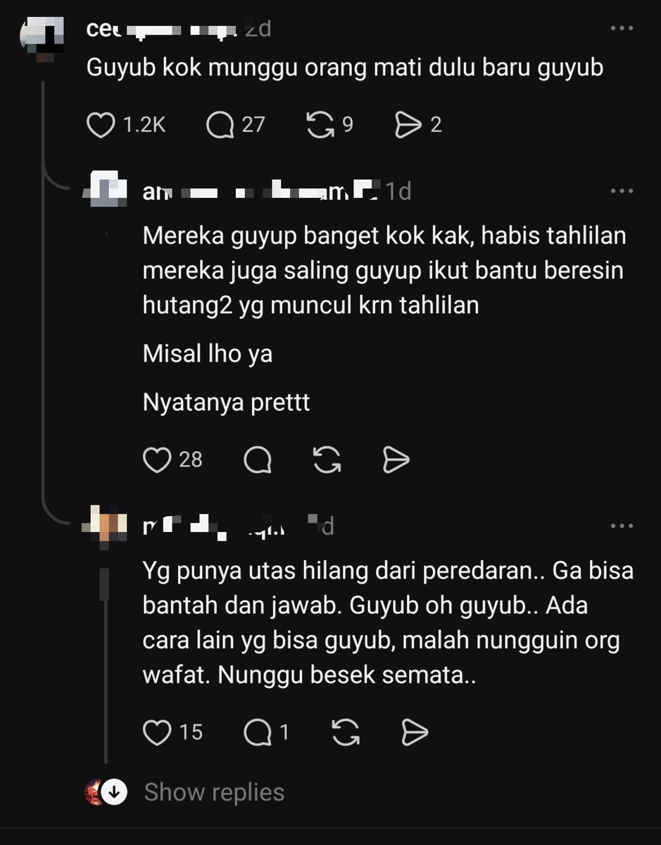 MiskinTV_'s tweet photo. Seorang pengguna threads membagikan opininya mengenai acara Tahlilan. Ia berpendapat bahwa salah satu poin penting Tahlilan adalah Guyub (Rukun, Kebersamaan).

Tak disangka opini itu ditanggapi berlawanan. Banyak yang merasa bahwa Tahlilan memberatkan bagi keluarga yang ditinggalkan.