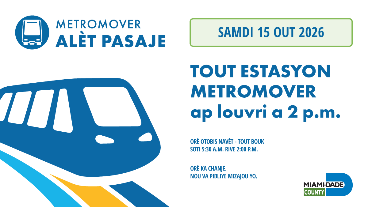 IRideMDT's tweet photo. Men opsyon 1 an Kreyòl Ayisyen:Atansyon, pasaje Metromover yo: Tout estasyon Metromover yo ap rete fèmen jiska 2 p.m. nan samdi 15 out, pandan amelyorasyon sistèm nan ap kontinye.Sèvis otobis navèt gratis ap disponib ant tout estasyon yo soti 5:30 a.m. rive 2 p.m. Tanpri sonje orè yo ka chanje.Pou dènye mizajou yo, tcheke Transit Alerts oswa aplikasyon GO Miami-Dade Transit anvan ou vwayaje.