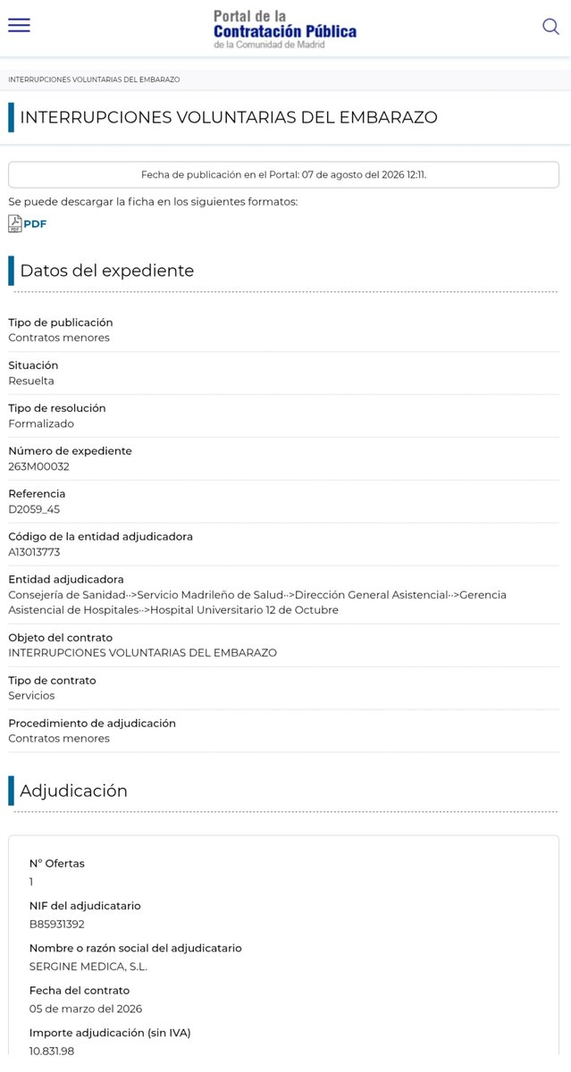 ciudadano_o2's tweet photo. Entre ático, reforma de Sol y tal hoy pasará desapercibida la publicación en el Portal de la Contratación de 20 contratos menores del Hospital 12 de Octubre con clínicas privadas, para interrupción voluntaria del embarazo

Utilizar la contratación menor para estas cosas, no sé yo https://t.co/LcVQ64Mgqi