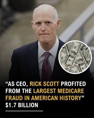 PopularLiberal's tweet photo. "The funniest part is Rick Scott gingerly explaining why we gotta cut Social Security like the government's some broke college student — meanwhile war contracts and billionaire tax cuts keep flowing. Sir, YOU had to pay back $1.7 BILLION in Medicare fraud — you know exactly how the money disappears."