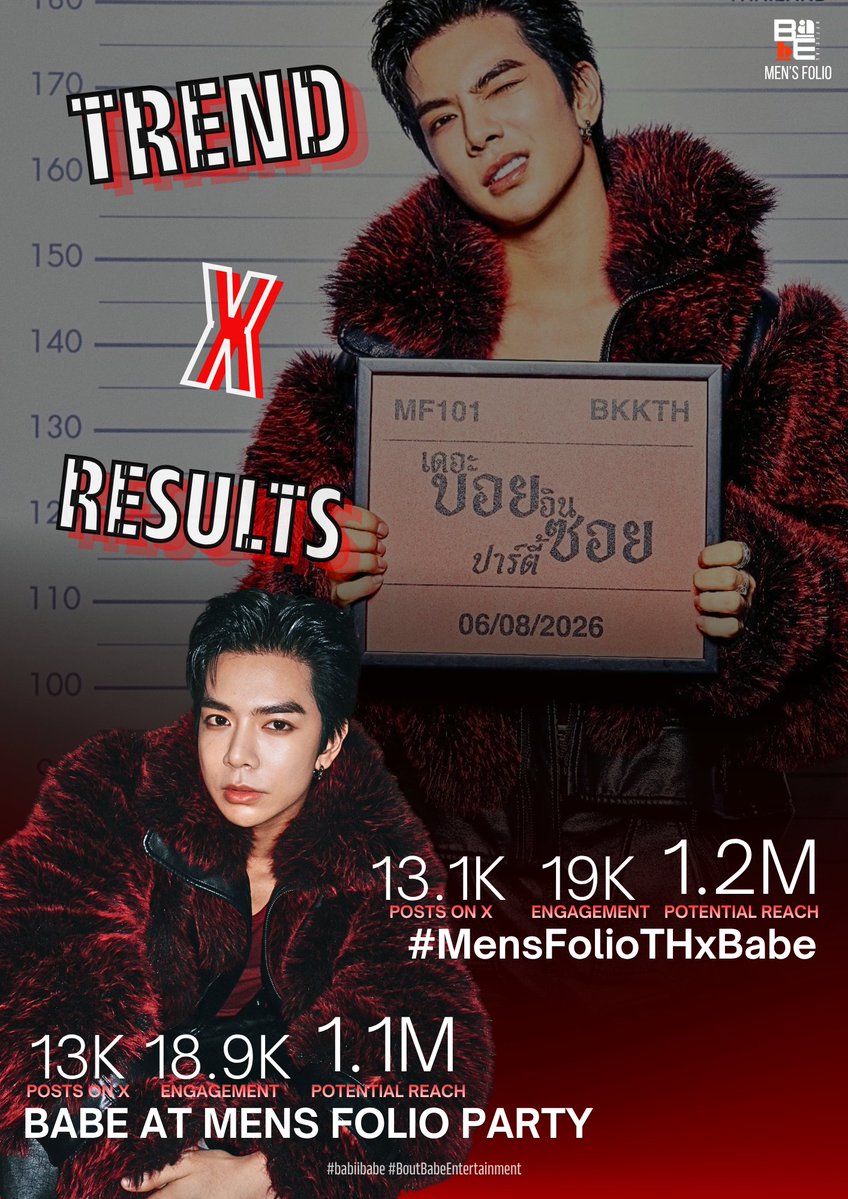 BABE_OFC's tweet photo. Update Trend X 🔔 #MensFolioTHxBabe 🎉
BABE AT MENS FOLIO PARTY ✨
AUGUST 6, 2026  

KEYWORD 🔑 BABE AT MENS FOLIO PARTY

- 13K POST ON X 
- 18.9K ENGAGEMENT 
- 1.1M POTENTIAL REACH 

HASHTAG #⃣ #MensFolioTHxBabe

- 13.1K POST ON X
- 19K ENGAGEMENT
- 1.2M POTENTIAL REACH

ทางทีมงานขอขอบพระคุณทุกความรักและพลังสนับสนุนจากแฟนคลับทุกท่านที่ร่วมกันเทรนด์แฮชแท็ก ทุกโพสต์และการมีส่วนร่วมของทุกคนมีความหมายต่อศิลปินและทีมงานเป็นอย่างมาก ขอบคุณที่อยู่เคียงข้างและสนับสนุนกันเสมอมานะคะ 🙏🏻✨

#babiibabe
#BoutBabeEntertainment