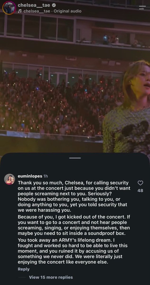 y00ngipurrs's tweet photo. every repost and reshare enables someone who’s willing to ruin an army’s once-in-a-lifetime concert experience—not the first time btw—just to get her fancams. ch3lsea_tae is also a ssg who camps airports or has people do it for her. are y’all really that desperate for fancams that you excuse this vile behavior? i fear some of u don’t respect bts as much as you claim.