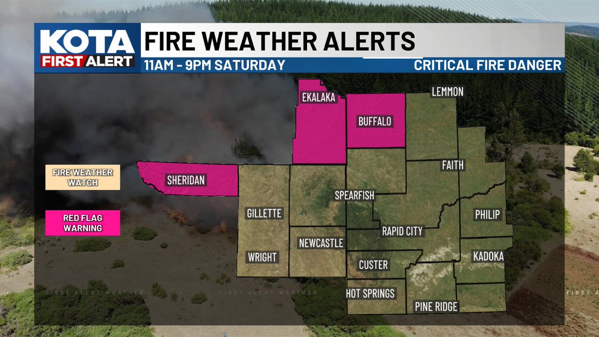 danncianca's tweet photo. RED FLAG WARNINGS are now in place for Sheridan (WY), Carter (MT), and Harding (SD) Counties, replacing the Fire Weather Watch.  Critical fire weather conditions exist tomorrow -- do not burn, avoid sparks, and be aware of your surroundings!
#SDwx #WYwx #MTwx https://t.co/Owf9W4E2Jh