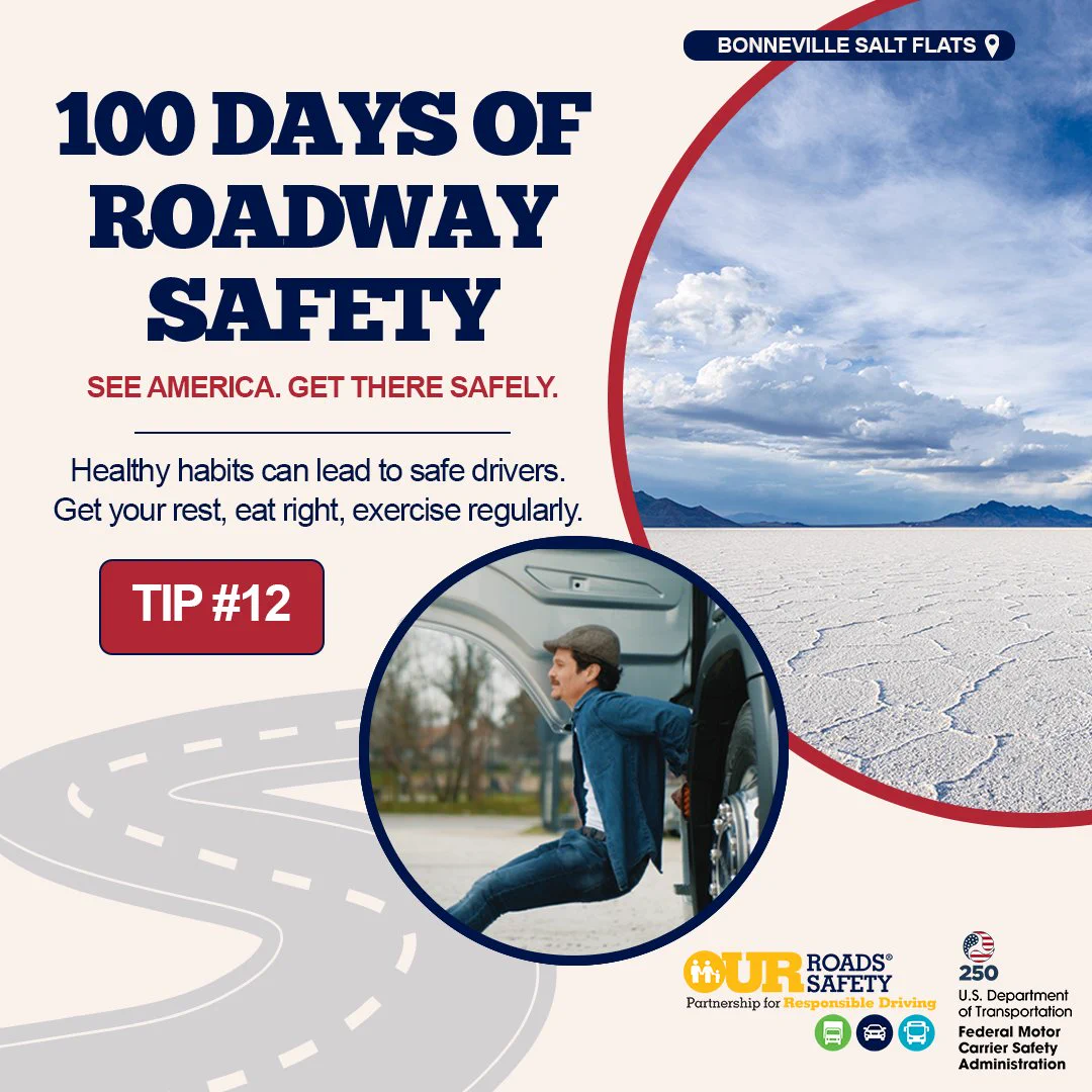  Graphic showing FMCSA’s 100 Days of Roadway Safety Tip #12.  Features a large circle with the Bonneville Salt Flats in it and smaller circle with a truck driver doing a dip near a tire on his truck outside of the driver door.  