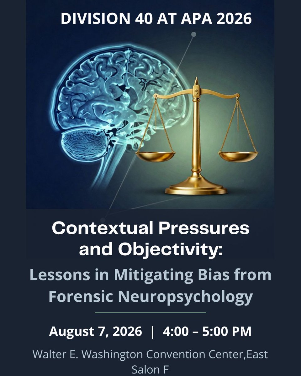 APADivision40's tweet photo. 🚨 COMING UP AT 4 PM 🚨  Come learn about Contextual Pressures and Objectivity: Lessons in Mitigating Bias from Forensic Neuropsychology and even pick up some CE credits while you're there! Happening in East Salon F 

#APA2026 https://t.co/dxaBNN2A1d