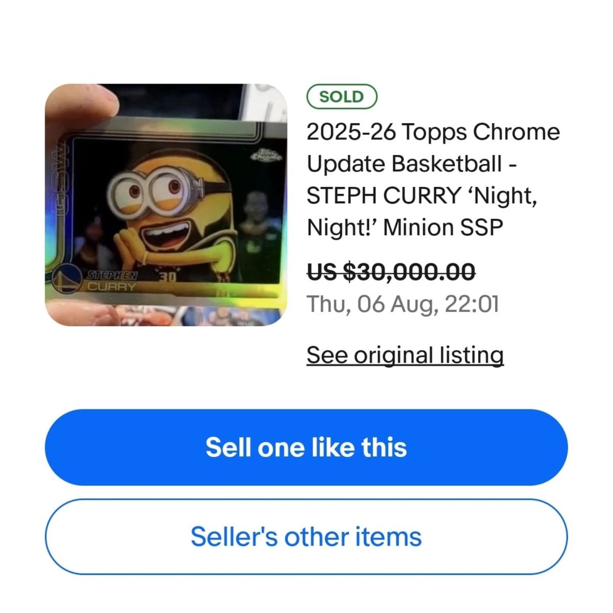 Dexerto's tweet photo. A Steph Curry Topps card depicting him as a Minion has sold for $22,000 on eBay https://t.co/K4Q02SkaET
