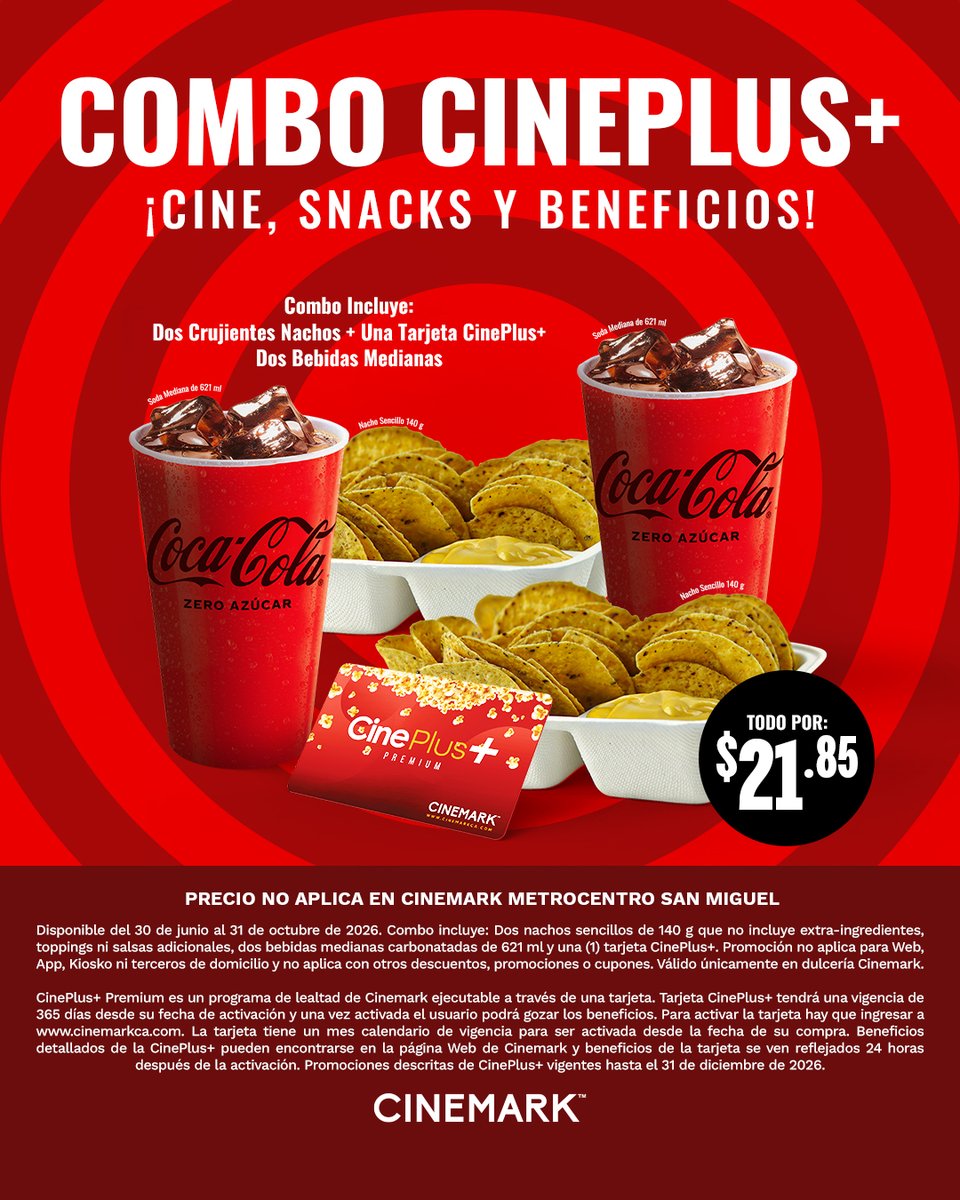 CinemarkSV's tweet photo. ¡Nuevo nivel de Cinemark desbloqueado! 🍿 El #ComboCinePlus+ sigue disponible en la #Dulcería Cinemark, para que disfrutes con tus películas favoritas. ¿Qué estás esperando? 🍿😍 https://t.co/FgMFSHdxCB