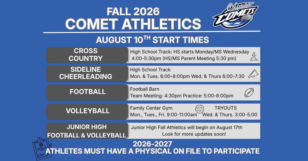 ColemanComets's tweet photo. Coleman Comet Athletics is underway starting on Monday, August 10th for all High School sports. Any questions should be directed to the individual team's coach.

To participate in practice, all athletes MUST have a updated athletic physical dated after April 15, 2026. https://t.co/z4lbLIN4uo