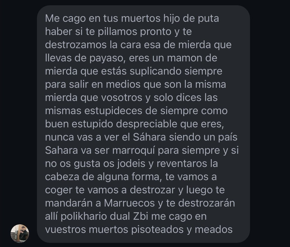 TalebSahara's tweet photo. Algunos de los mensajes que recibo de nuestros amigos marroquíes, no tienen desperdicio. 

Que alarde de educación, valores y sobre todo sólidos argumentos. (Nótese la ironía) https://t.co/rveRMigOZt