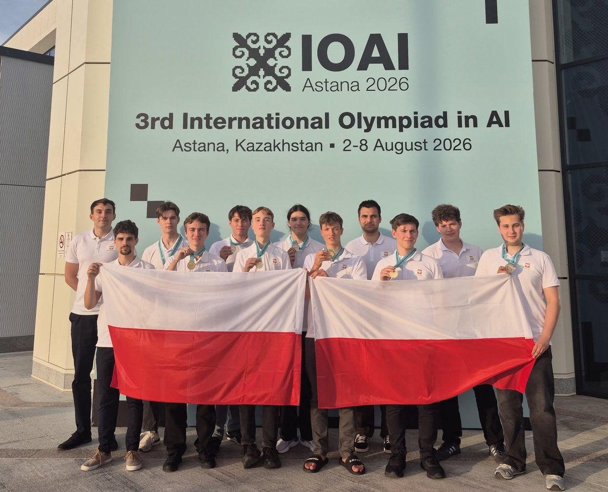 trajektoriePL's tweet photo. Wow! 4 Gold Medals 🥇🥇🥇🥇 for Poland🇵🇱 at the 2026 International Olympiad in AI (IOAI).

Poland took 3rd place globally (behind China) out of 103 competing countries at the 3rd International Olympiad in Artificial Intelligence, securing 8 medals in total:

🥇Gold: Michał Masny, Krzysztof Rojek, Mikołaj Źrałek, Tomasz Kuczko

🥈Silver: Marcel Kosmala, Jakub Ptaszkiewicz, Michał Karp, Maksym Kaminskyi

The team was mentored by Witold Drzewakowski, Grzegorz Gruza, Wiktor Ogrodnik, and Marcin Podhajski.

Huge congratulations to the entire team!👏