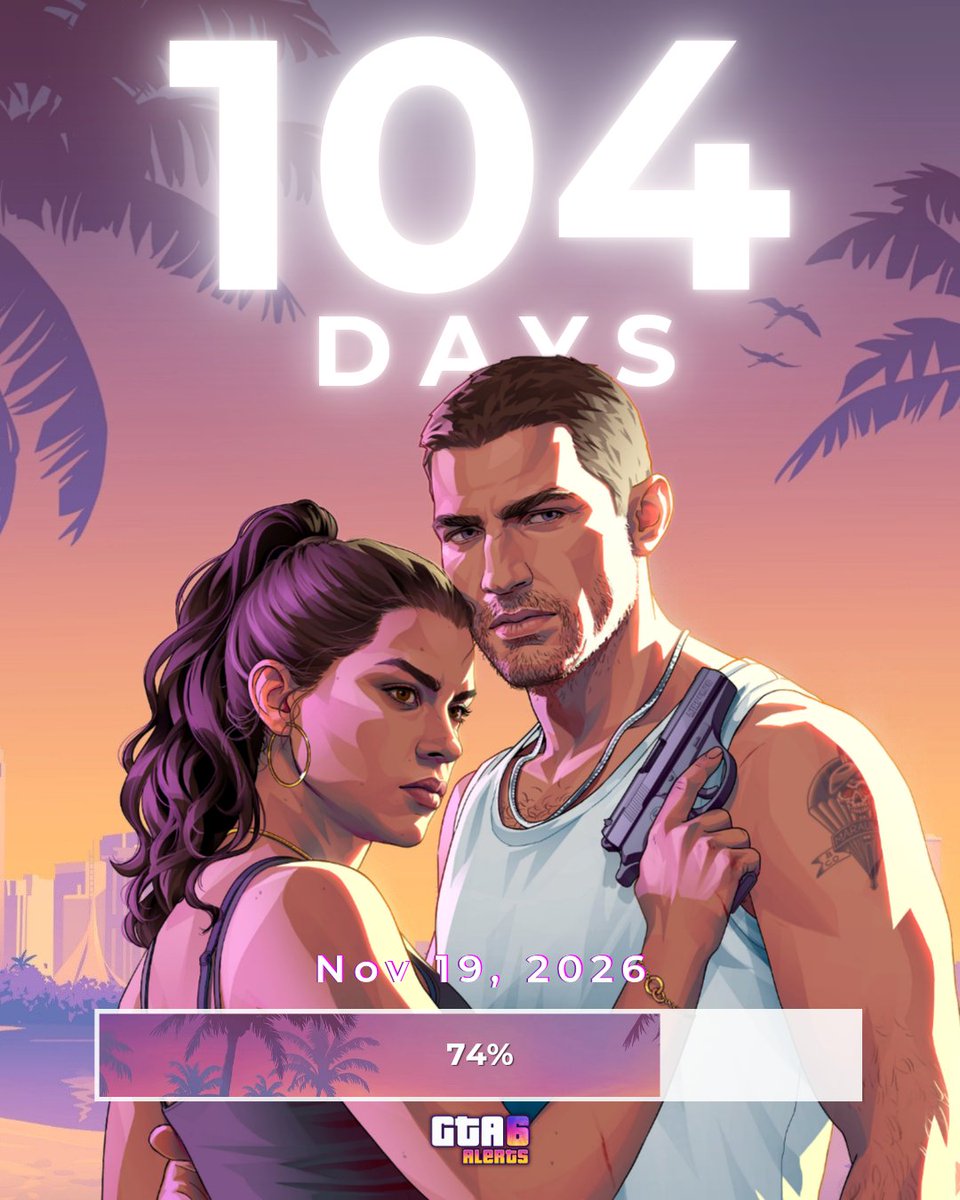 GTA6Alerts's tweet photo. 104 days left until GTA 6 release. ⏳ https://t.co/EBC0WWqKnc