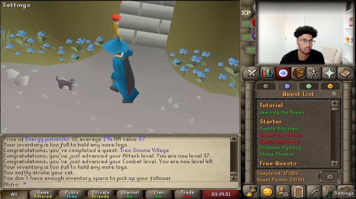 Alifro_osrs's tweet photo. Day 3 on OSRS - 

I wasn't sure at first…terrible graphics and overwhelming but I might be hooked..

Although, not sure where I'd be without my chat..Now I understand why people say the Runescape community is the best. 

Can’t thank everyone enough for all their help. 💙 https://t.co/tAzYvjfTST