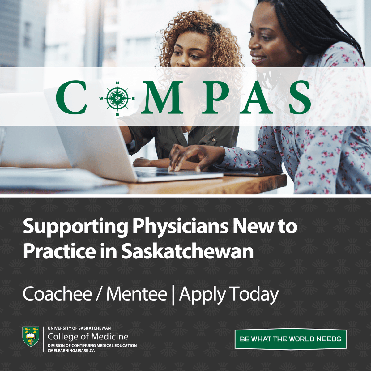 usask_CME's tweet photo. We’re proud to celebrate the launch of our CoMPAS | PGME Grad Cohort, designed for physicians transitioning from residency to practice in SK. The 1st cohort of new physicians completed training &amp; are now being matched w/ trained CoMPAS Coach/Mentors!
🔗 https://t.co/U9L9K2Crz2. https://t.co/AjgRmmwGGB