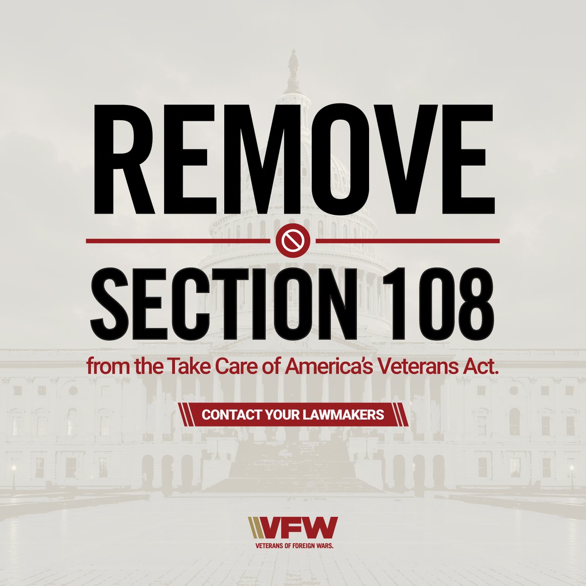 VFWHQ's tweet photo. 🚨 ACTION ALERT: Veterans’ earned benefits should never be used to pay for other veterans’ benefits.⁠
⁠
Competing versions of the Take Care of America’s Veterans Act (TCAVA) were blocked in the Senate, but the fight isn’t over. The VFW strongly opposes any proposal that would reduce future VA disability compensation to fund expanded benefits.⁠
⁠
📣 Now is the time to make your voice heard. Tell Congress to remove the harmful pay-for and protect the benefits veterans have earned through their service and sacrifice.⁠
⁠
https://t.co/6EyIxKOMQr
⁠
#VFW #ActionAlert #HonortheContract #ProtectVeteransBenefits #Veterans #StillServing