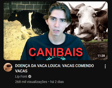 Clairmyo's tweet photo. Há uns dias, eu vi um vídeo em inglês chamado "Mad Cow Disease: Feeding Cows to Cows"
Hoje o youtube me recomendou isso. https://t.co/aSdAMFk9tk