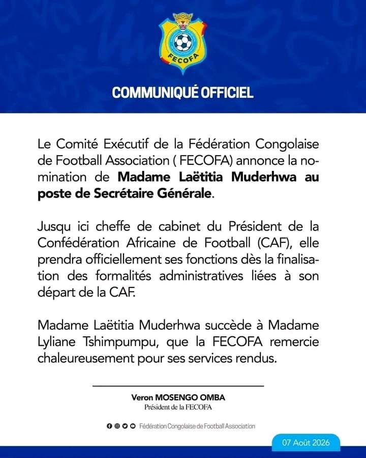 acprdcongo's tweet photo. #RDC : la Fédération congolaise de football association (Fecofa) a annoncé, vendredi, dans un communiqué, la nomination de Laetitia Muderhwa, ancienne cheffe de cabinet du président de la Confédération africaine de football (CAF), au poste de secrétaire générale de la Fecofa, en remplacement de Liliane Tshimpumpu.
« Le Comité exécutif de la Fecofa annonce la nomination de  Laetitia Muderhwa au poste de secrétaire générale », a-t-on lu dans le communiqué signé par Veron Mosengo, président de la Fecofa.

Découvrez d'autres informations sur notre site web : https://t.co/tGEWJ2Bgzn
