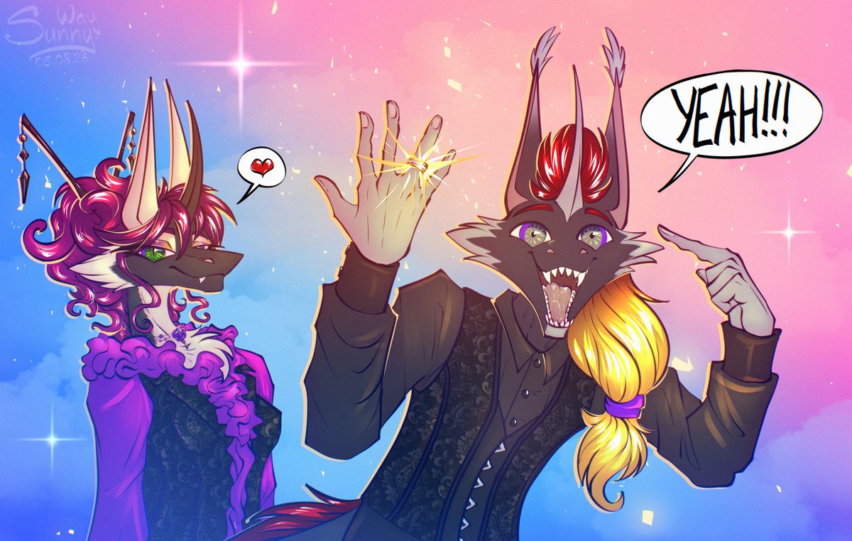 SunnyWayArt's tweet photo. Wedding!

So... We got married! 
And...
Yeah. Here we are!
:3

Still have post wedding haze. It’s such a nerve-wracking thing, hahah x))  
Maybe I’ll draw a few sketches of how some stuff went wrong. Should be fun)

#art #kirinaes #equisuniverse #furryartist #furryart https://t.co/dQugg2ox4p