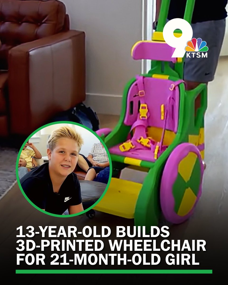 KTSMtv's tweet photo. After roughly 300 hours, a 13-year-old boy designed and assembled a 3D-printed wheelchair for a 21-month-old girl.

More: https://t.co/fyFmTwEoBN https://t.co/sCYAD4Ddt1