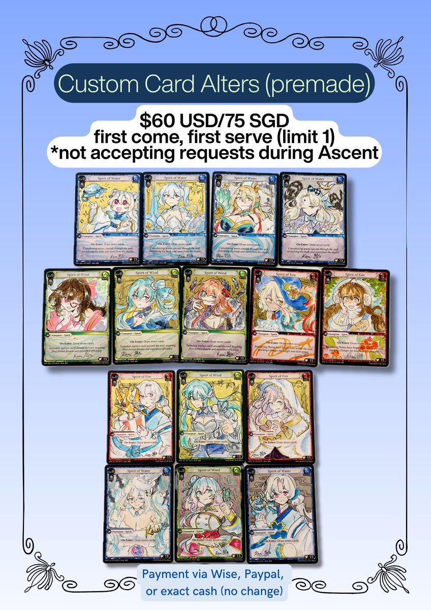 kanikamafry's tweet photo. 🔷CUSTOM CARD ALTERS AT WORLDS TRADE NIGHT🔷

Bringing this lineup of alters to Singapore! These will be FCFS, reservation not available. I’ll post my full catalog soon…!!!
#gatcg #grandarchivetcg https://t.co/29BL0yDekc