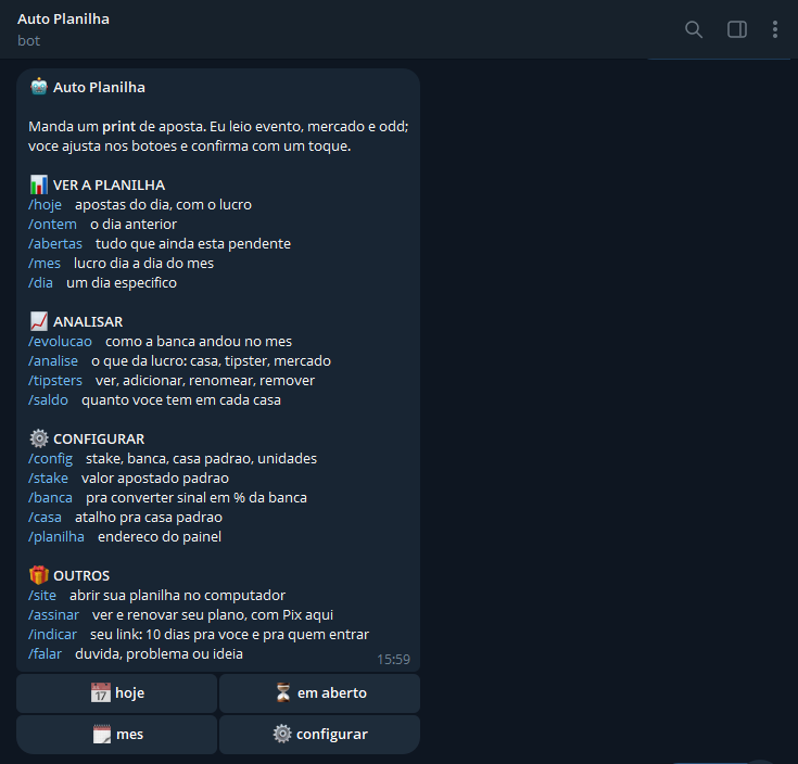 autoplanilha's tweet photo. ATUALIZAÇÃO https://t.co/HqfRTW25WK

Bot no Telegram 90% pronto e já vinculado perfeitamente com o site, reconhecendo com perfeição as apostas em todos os testes feitos até o momento.

Por hora as funcionalidades são essas no print, deve entrar em funcionamento sábado ou domingo, vou só ajustar algumas coisas antes de lançar!!