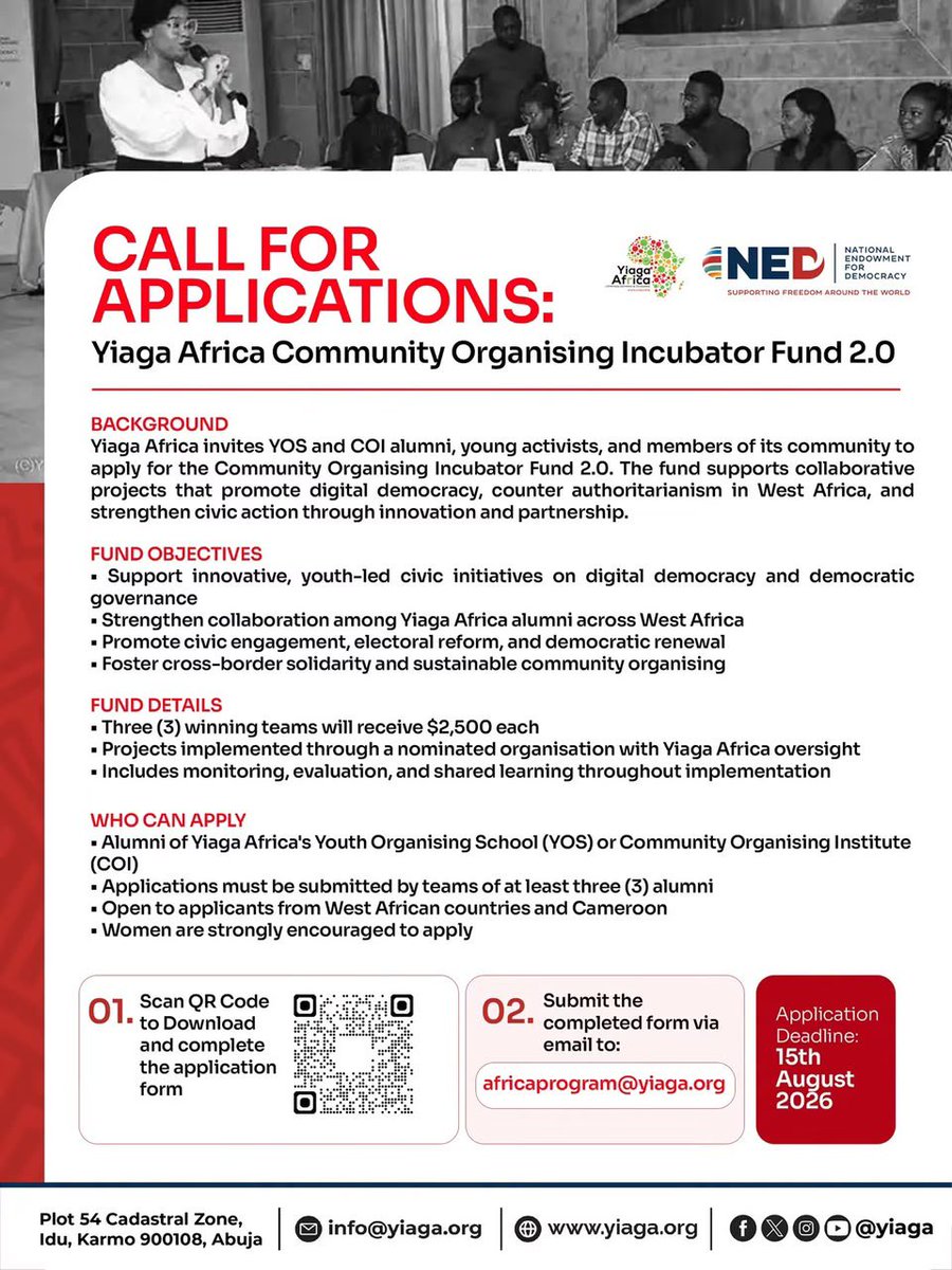 HGBashar's tweet photo. Got an idea that can strengthen democracy in your community? This is your opportunity.

Yiaga Africa’s Community Organising Incubator Fund 2.0 is now open for applications. We’re supporting youth-led initiatives that promote digital democracy, civic engagement, and democratic renewal across West Africa.

If you’re a YOS or COI alumnus, assemble your team and apply before 15 August 2026.