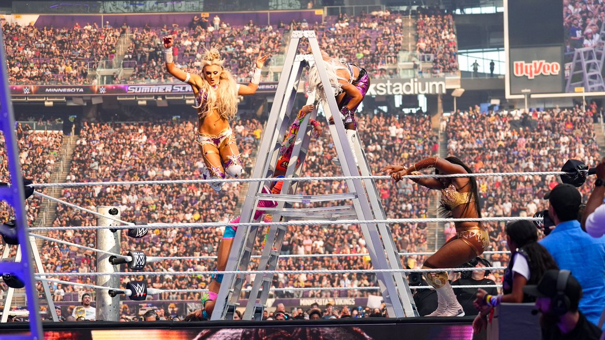 OnTiffyTiming's tweet photo. And yes, I got thrown into ladders. Yes, I got tipped off ladders. Yes, I got powerbombed into a ladder. And guess what? I kept getting back up. Because apparently even a five-woman ladder match needs a little Tiffany Stratton resilience sprinkled into it. https://t.co/WoiDbWzLBk