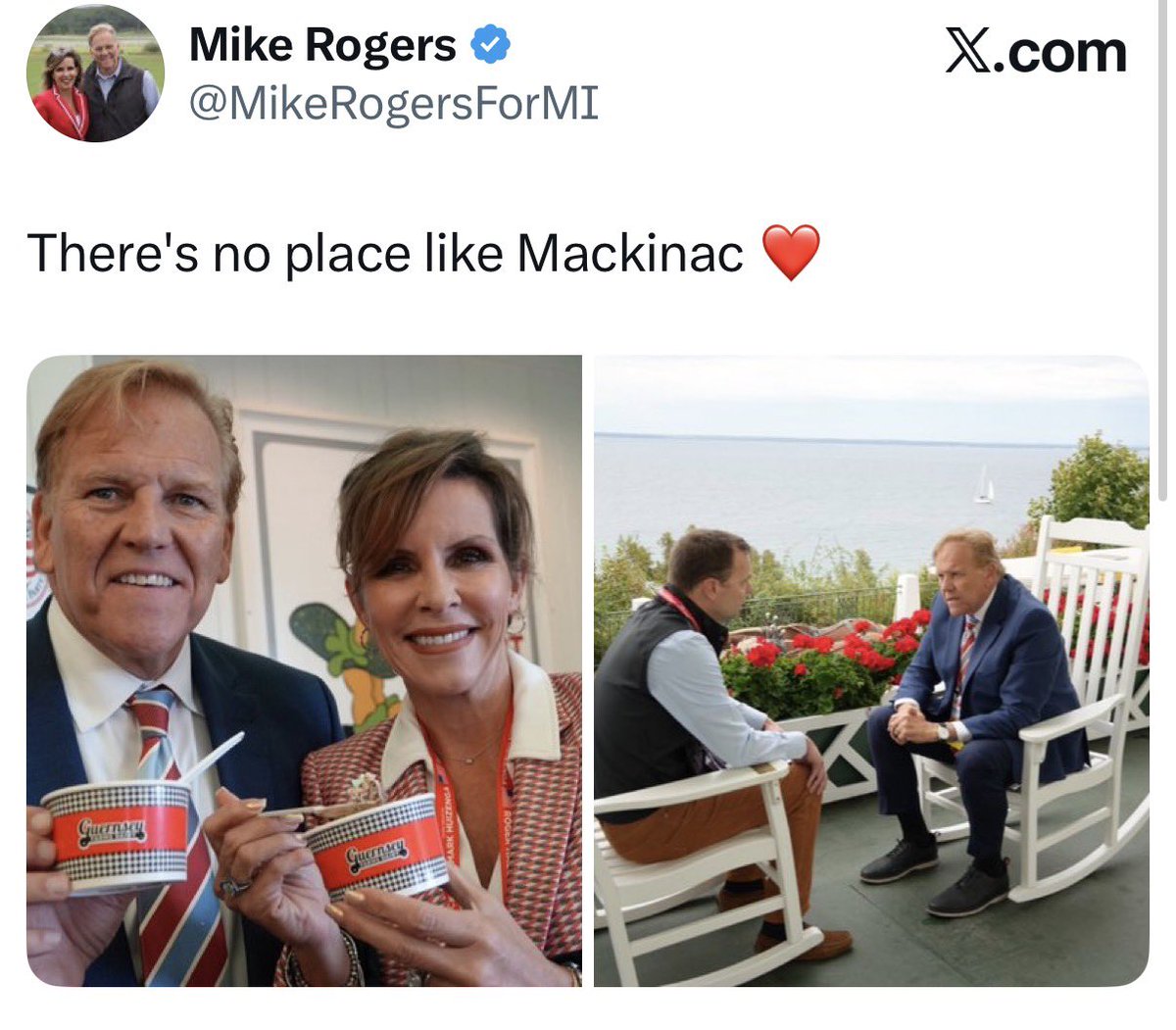 adamwren's tweet photo. Opening salvo of Michigan Senate race is just as everyone predicted: a referendum on Mackinac Island. https://t.co/68calnV5Zo
