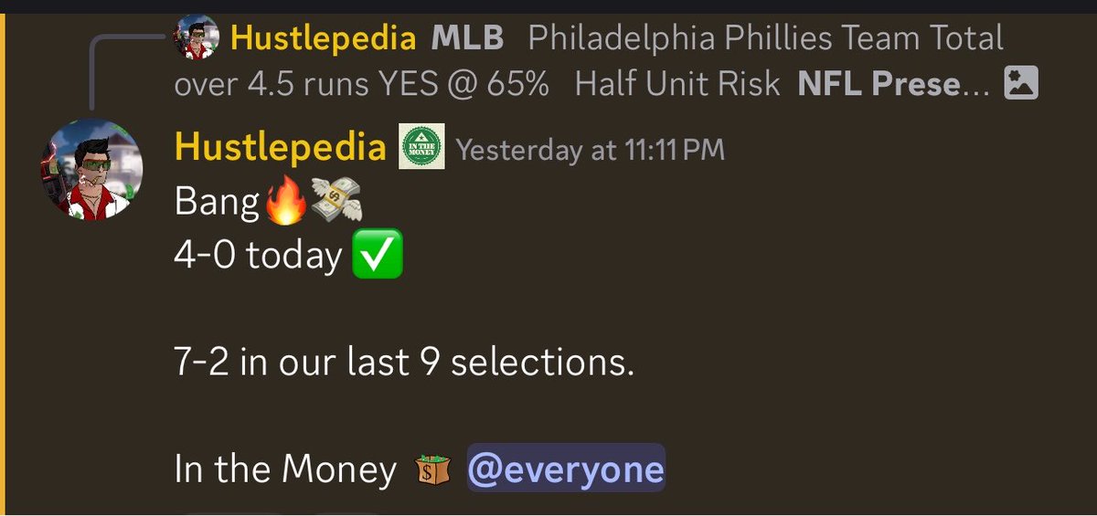 Hustlepedia's tweet photo. Our community is cashing in over at @InTheMoneyCB and you can quite literally make your money back in day 1 by utilizing the free money section 🔥

Not to mention our prediction markets and memecoin channels are printing. 

Clean 7x on $BUTTHOLE from @LouieAlts in the last day. 

4-0 sweep yesterday on Kalshi. 

And @pparadise9 with the +EV sports selections leading to massive gains. 

If you’re not with us already, you can get 3 days free below 🤷🏻‍♂️