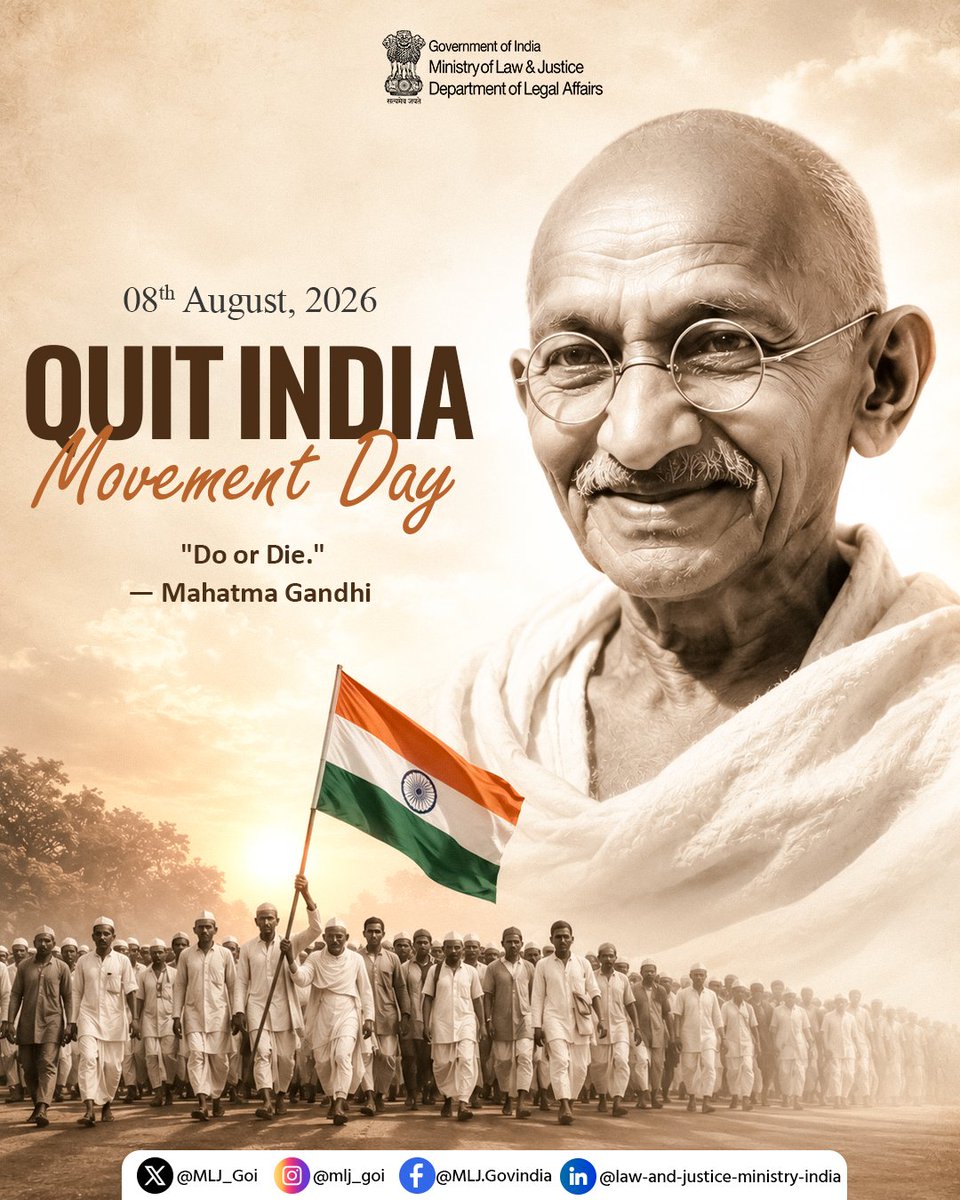 MLJ_GoI's tweet photo. On Quit India Movement Day (August Kranti Diwas), the Department of Legal Affairs pays tribute to Mahatma Gandhi and the countless freedom fighters whose courage, sacrifice and unwavering resolve propelled India's struggle for independence.

#AugustKrantiDiwas

(1/3) https://t.co/9Mr8py6cnT
