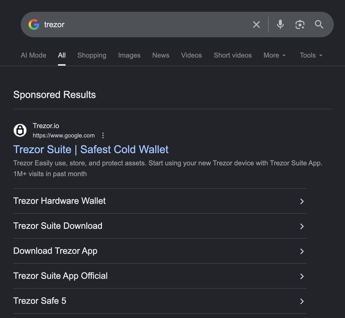 Aaronbennett's tweet photo. A phishing website for Trezor was at the top of Google's search results today. 

It has been taken down, but holy shit, that's not good! https://t.co/8tHtVSiTL9