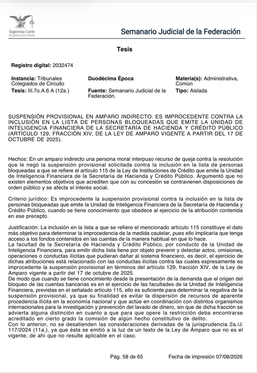 LuisPerezdeAcha's tweet photo. "La facultad de la Secretaría de Hacienda y Crédito Público, por conducto de la Unidad de Inteligencia Financiera, para emitir dicha lista tiene por objeto prevenir y detectar actos, omisiones, operaciones o conductas ilícitas que pudieran dañar al sistema financiero [...], ello es suficiente para determinar la negativa de la suspensión provisional, ya que su finalidad es evitar la dispersión de recursos de aparente procedencia ilícita en la economía nacional y que actúe en coordinación con distintos organismos internacionales para la investigación y prevención del lavado de dinero, sin que de dicha fracción se advierta alguna distinción en cuanto a que para que opere la restricción deba encontrarse acreditado en cierto grado la comisión de algún hecho constitutivo de delito.