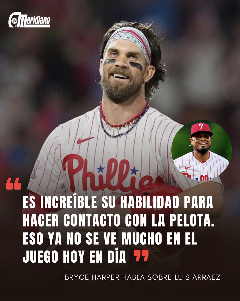 Meridianoonline's tweet photo. ELOGIOS PARA LA REGADERA🇻🇪

Bryce Harper no escatimó en elogios para Luis Arráez tras destacar su extraordinaria capacidad para batear hacia todos los sectores del terreno.🔥

“Es un jugador de otra época. Sale ahí y batea hacia todos los sectores del terreno. Le dicen ‘La Regadera’ porque siempre está bateando a todas partes. Es realmente impresionante”, afirmó la estrella de los Filis sobre el venezolano. 🇻🇪⚾