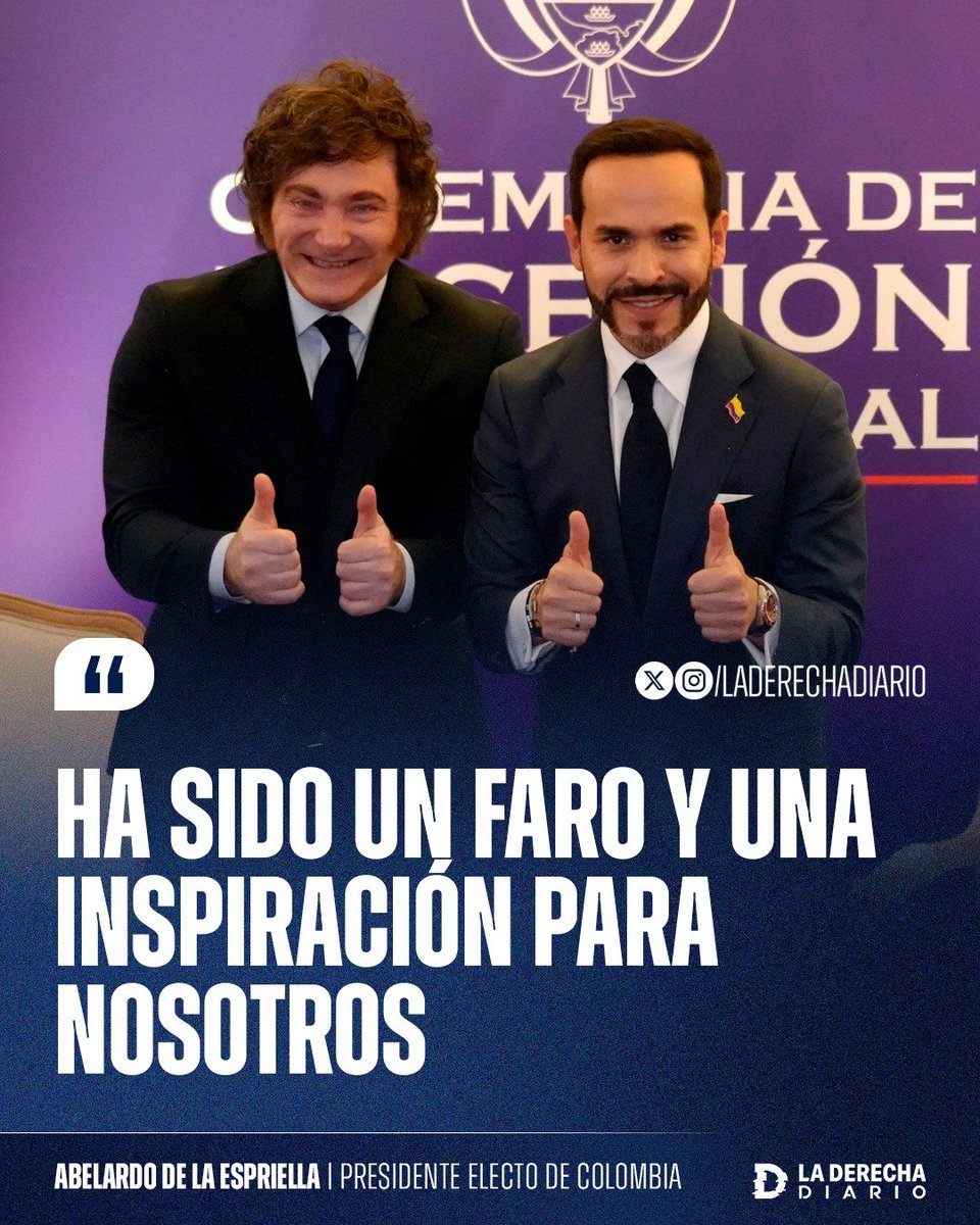 laderechadiario's tweet photo. 🚨🇦🇷🇨🇴 | ARGENTINA FARO DEL MUNDO: En la previa de su asunción presidencial, el derechista Abelardo de la Espriella llenó de elogios al presidente Javier Milei y destacó su liderazgo en la región.

"Ha sido un FARO y una inspiración para nosotros". https://t.co/UQi1VXtJKW