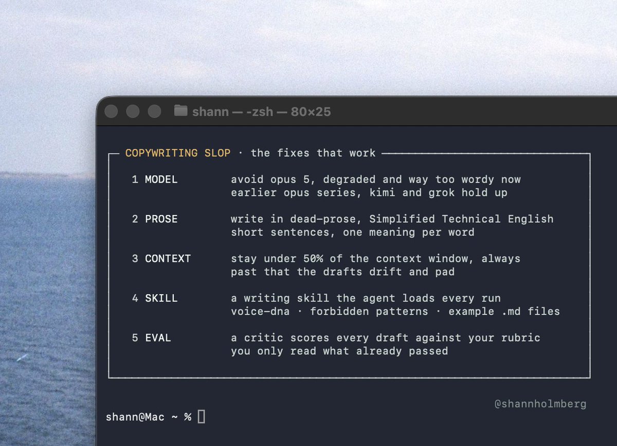 Checklist showing model choice, dead prose, context limits, a writing skill, and a separate eval agent for fighting copywriting slop