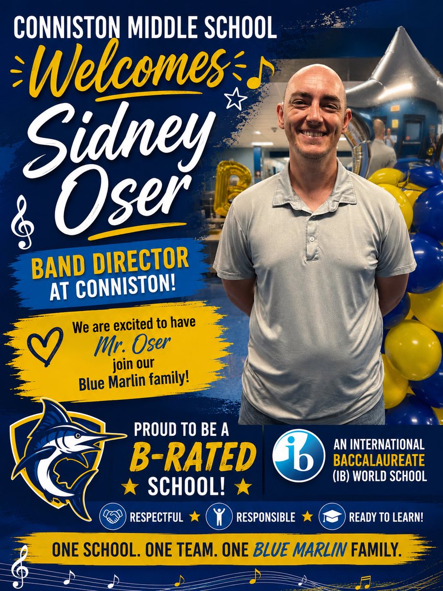ConnistonMiddle's tweet photo. Please join us in welcoming Sidney Oser to the Conniston Middle School family as our new Band Director!
@jamesthomas3601 @JavierOrtolaza @kgwhetsell @derwingatlin1 @FRiveraPBC https://t.co/zWSX9kFZLR