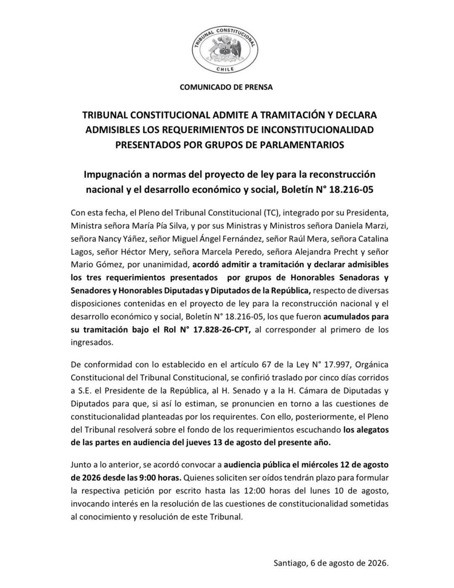 ElHiloCL's tweet photo. 🔴 URGENTE: LA HORA DE LA GRAN BATALLA POR LA PATRIA SE ACERCA

⭕ MEGARREFORMA: EL TC HABILITA AUDIENCIA PÚBLICA, PARA QUE CIUDADANOS PUEDAN EXPONER SUS REPAROS AL PROYECTO DE KAST

⭕ TIENES HASTA EL LUNES 10 DE AGOSTO PARA ENVIAR UN REQUERIMIENTO FUNDADO A https://t.co/szapXfvXpy

⭕ LAS AUDIENCIAS PÚBLICAS SERÁN EL MIERCOLES 12 DE AGOSTO DESDE LAS 9:00 AM

¡HORA DE SUMARSE Y CONTRIBUIR!

@RobertoMerken @hernan_sr @BotCheckerCL @PiensaPrensa @El_Ciudadano @ciper @Coordinadora8m @Cutchile @anefchile