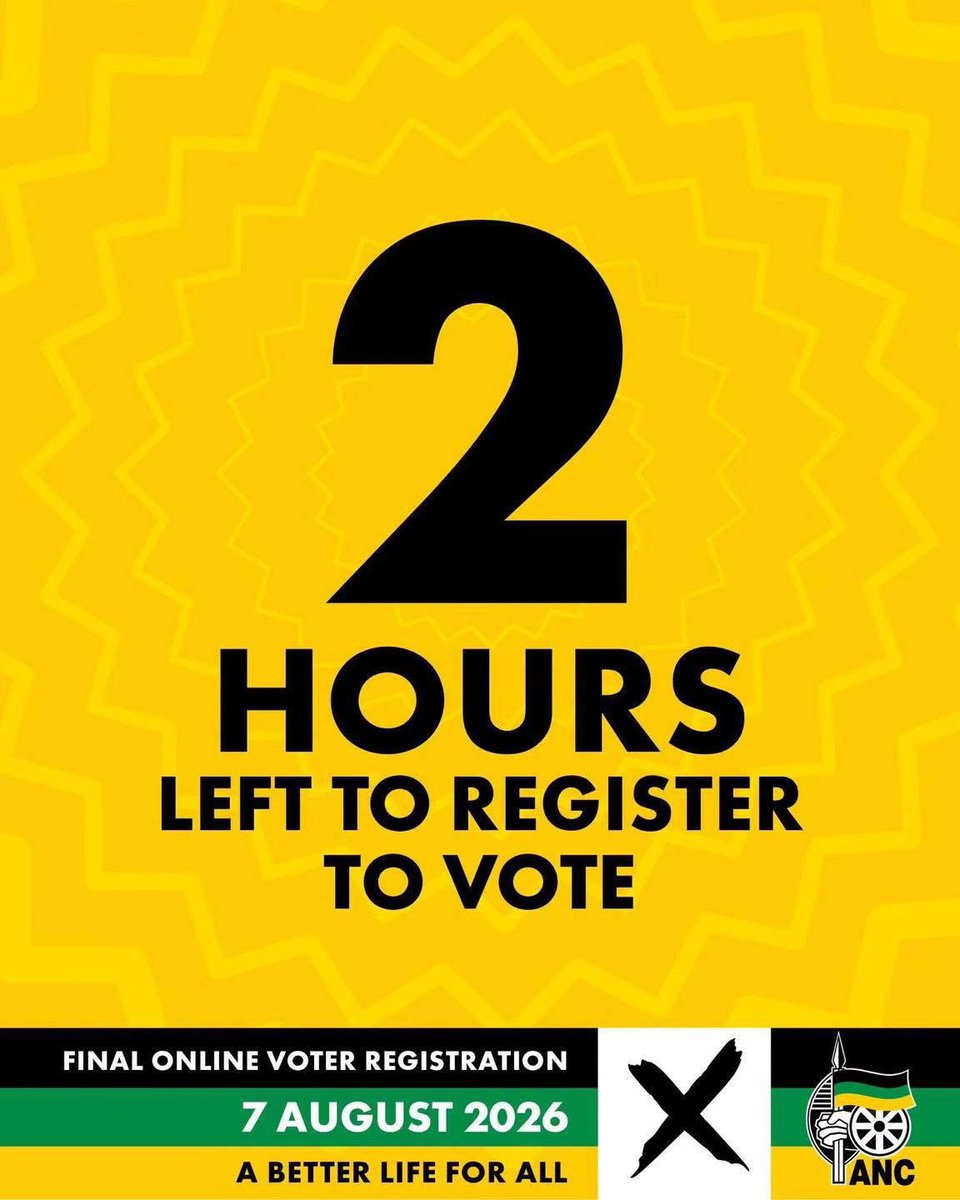 ANCECape's tweet photo. ⏰ Only 2 hours left.
This is your final opportunity to register to vote or update your registration details online.
Online registration closes at midnight. Act now.
#RegisterToVoteANC #LGE202 https://t.co/CQGSAzQqRY